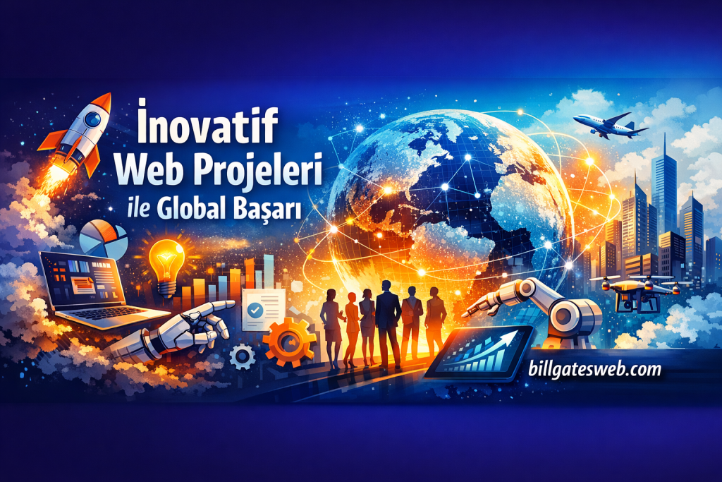 Futuristic tech banner with rocket, globe, drones, robot arm, and a group of professionals against a city skyline, illustrating innovation.