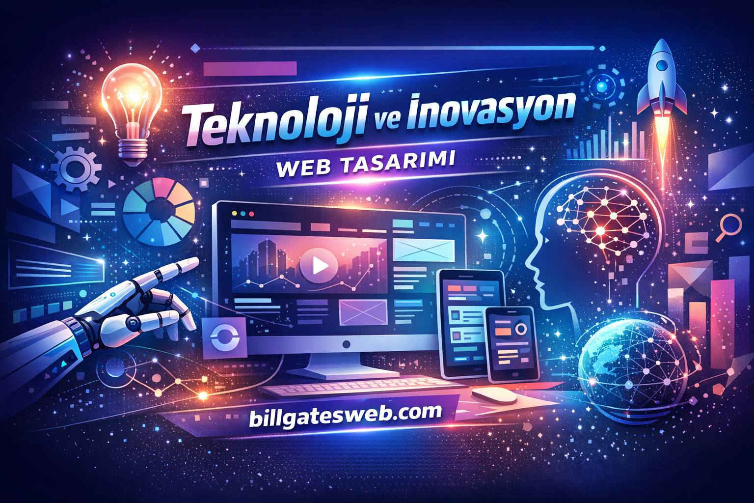 Futuristic tech-themed banner showing 'Teknoloji ve inovasyon' and 'WEB TASARIMI' with devices, a robotic hand, and glowing neon graphics.