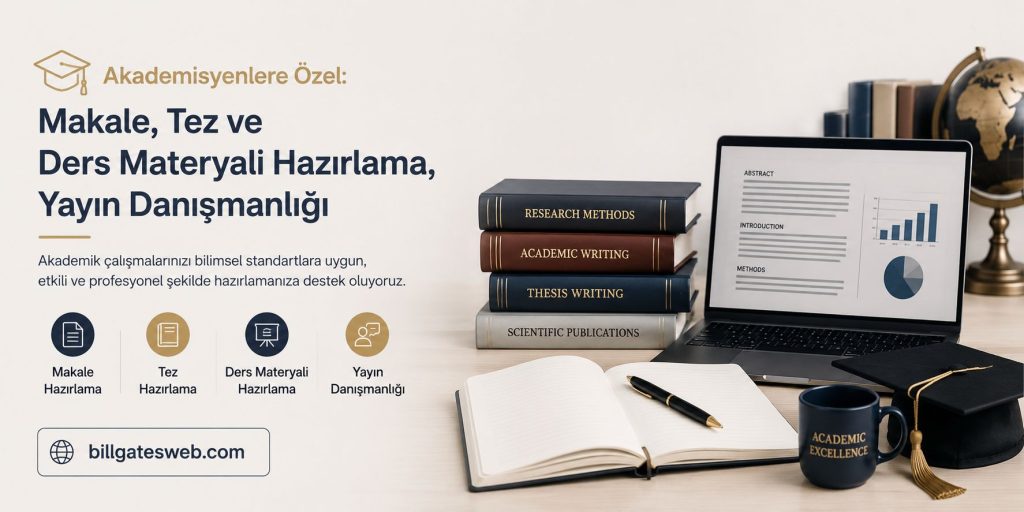 Academic services banner: Turkish text about article, thesis, and course material preparation and publishing guidance, with books and a laptop on a desk.