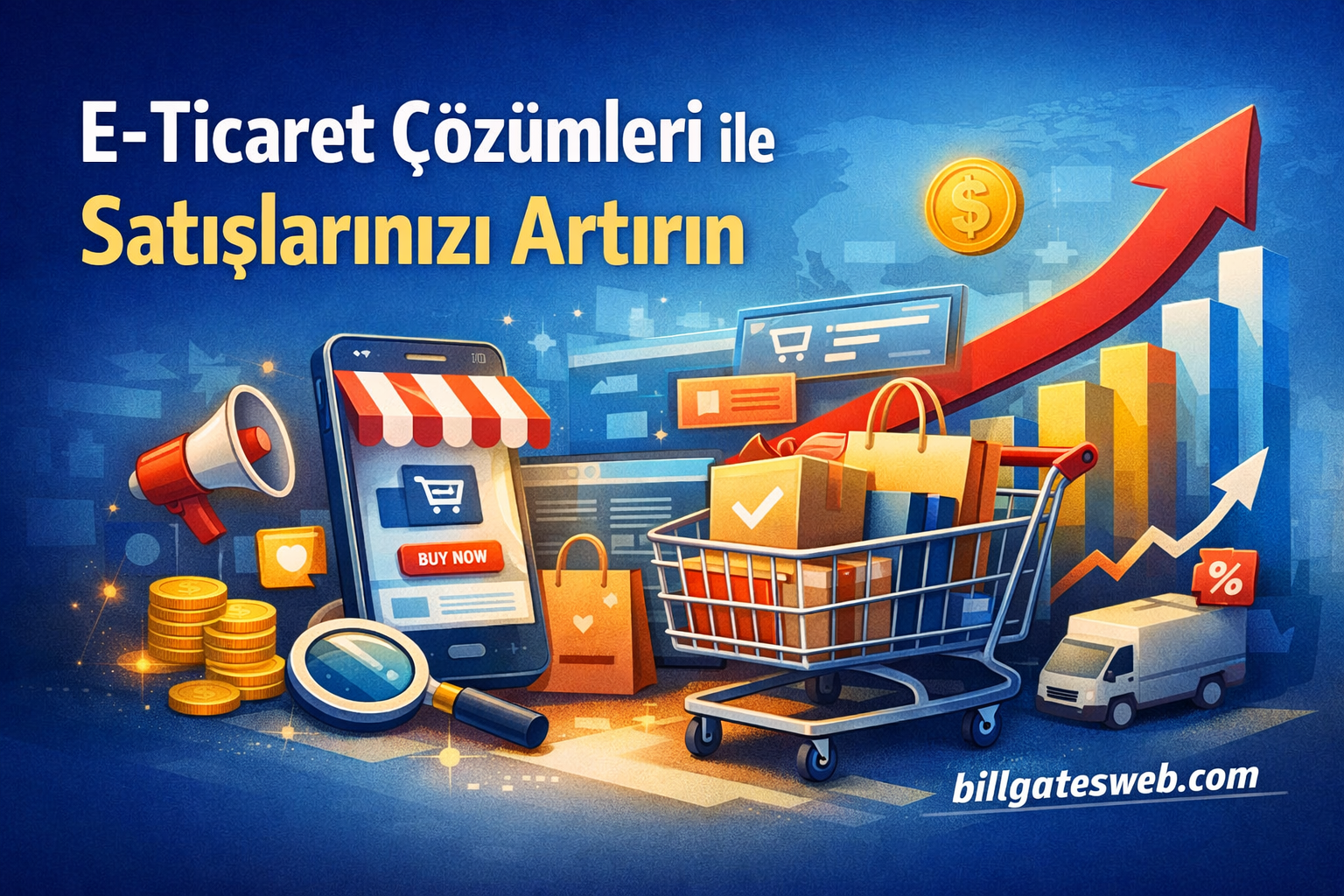 Turkish e-commerce promotional illustration: a smartphone storefront, shopping cart, coins, and a rising red arrow indicating growing sales on a blue background.