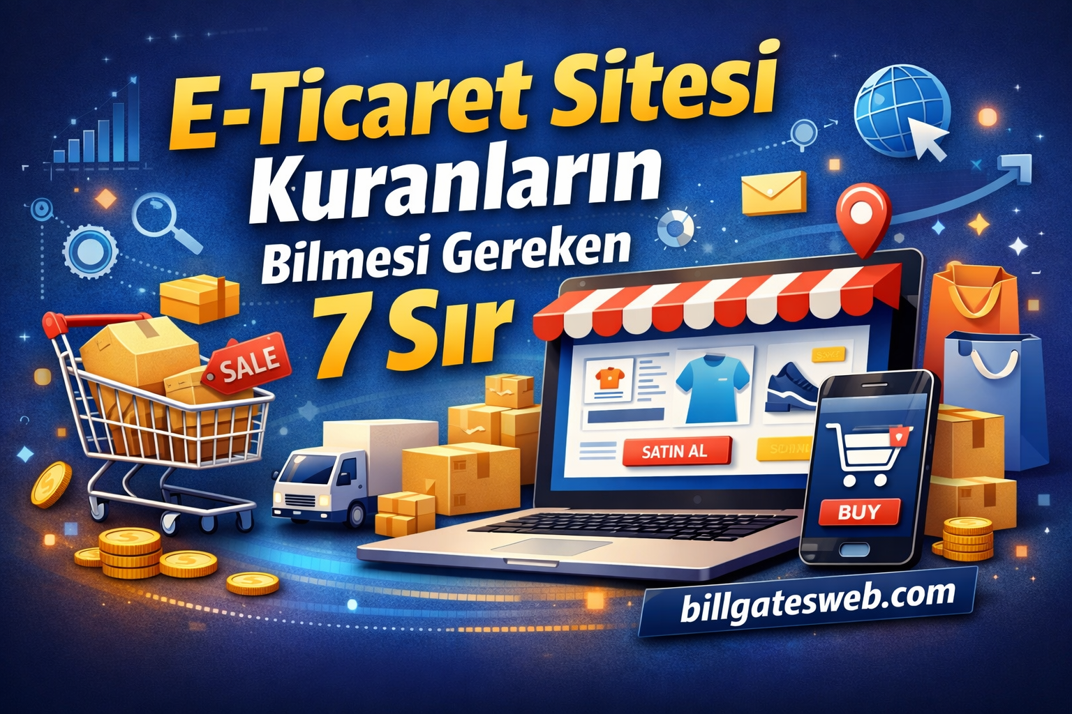 E-ticaret siteleri kuranlar için 7 sırı anlatan renkli promosyon afişi olarak tasarlanmış görsel.