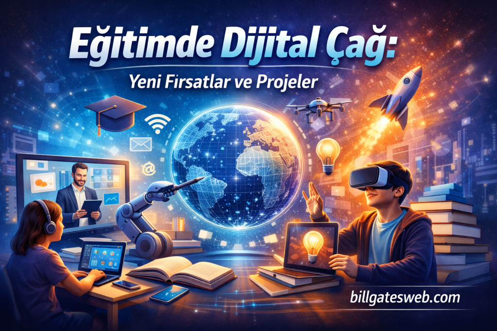 Global digital education concept with students using VR, robotics, and laptops around a glowing globe