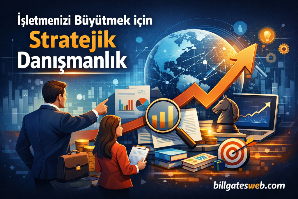 Business professionals review data as an orange upward arrow rises over a globe, symbolizing strategic growth for firms.