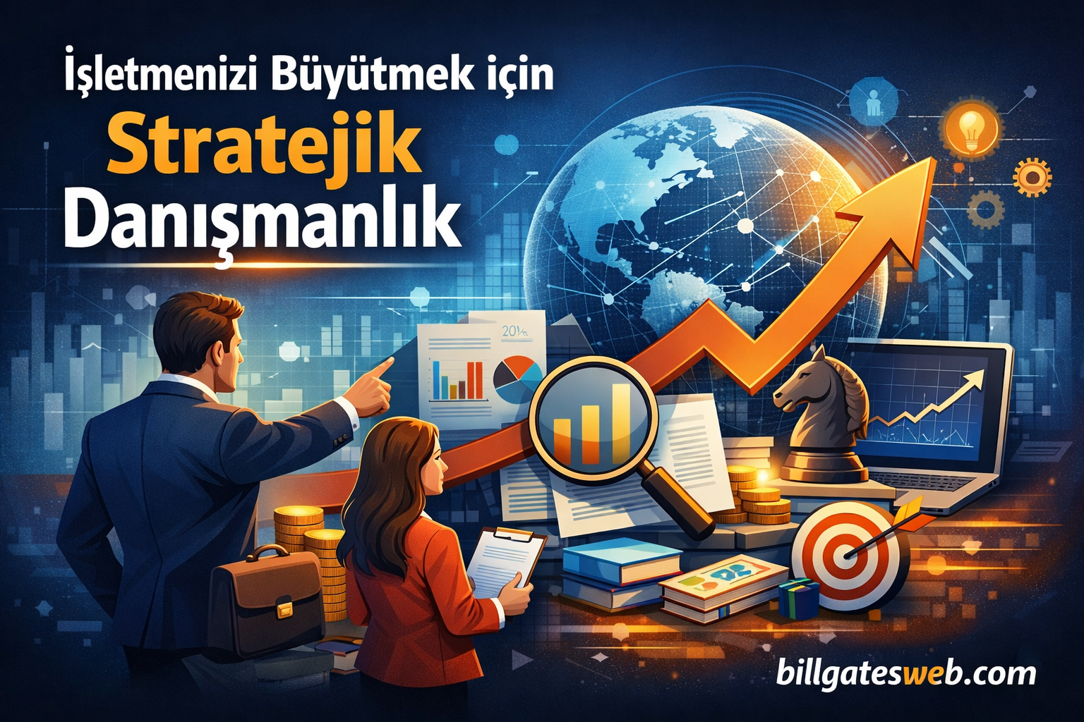 Business professionals review data as an orange upward arrow rises over a globe, symbolizing strategic growth for firms.