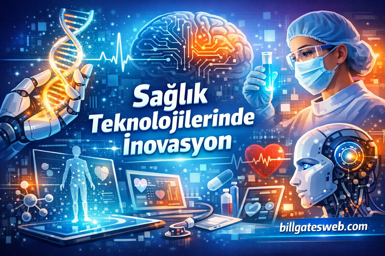 Futuristic healthcare banner with a robotic hand holding a DNA strand, glowing brain circuitry, a doctor with a test tube, and medical holograms.