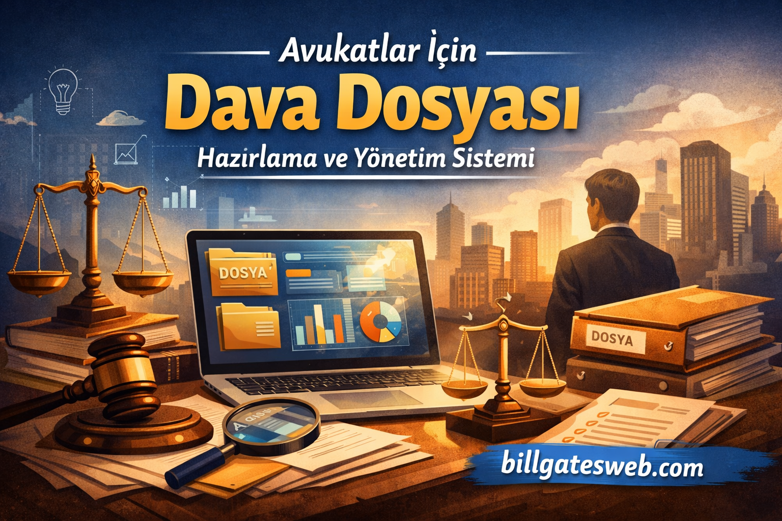 Avukatlar için Dava Dosyası hazırlama ve yönetim sistemi tanıtım görseli; adalet terazisi, gavel, laptop ve dosya klasörleriyle şehir manzarası arka planda.