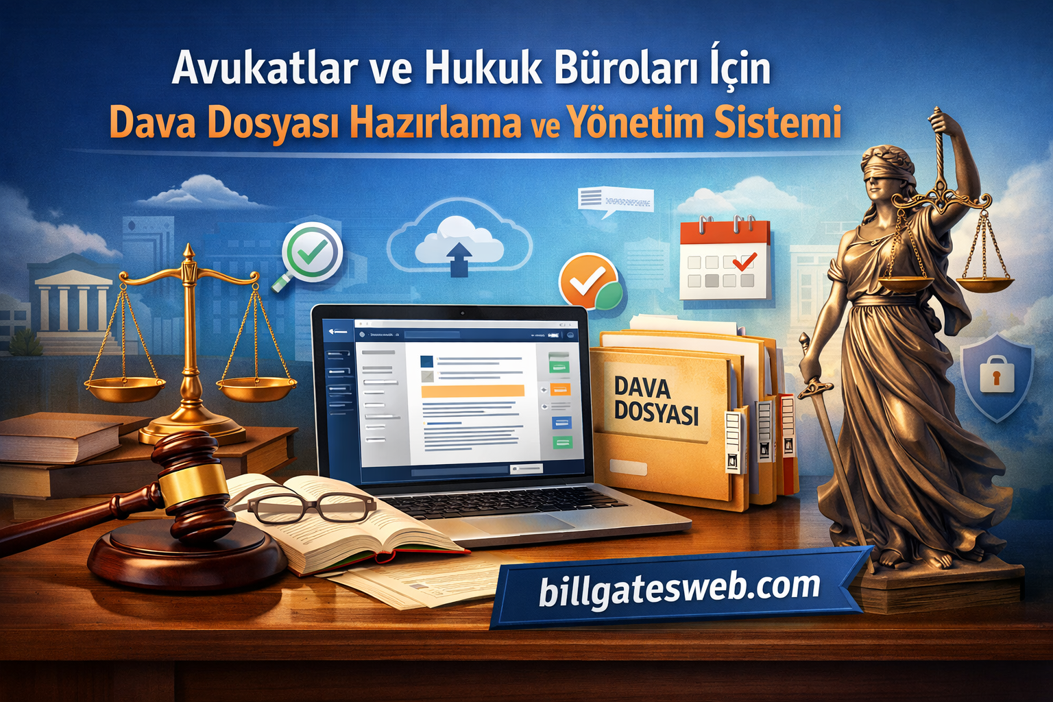 Desk with gavel, scales of justice, laptop showing legal content, and folders labeled DAVA DOSYASI on a wooden table with a Justice statue nearby.