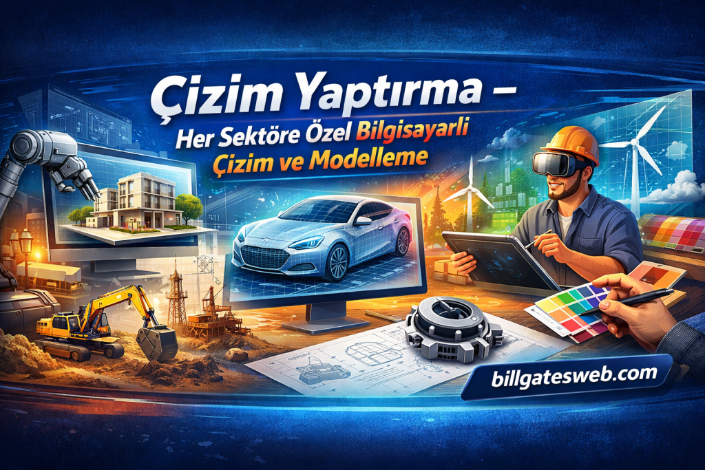 Turkish CAD and 3D modeling banner: a designer with VR headset and tablet designs a car, with blueprints, construction machinery, and color swatches, plus billgatesweb.com.