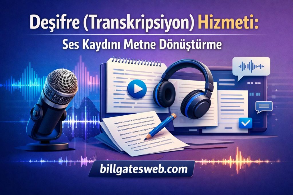 Turkish ad for transcription service showing a microphone, headphones, papers and the URL billgatesweb.com.