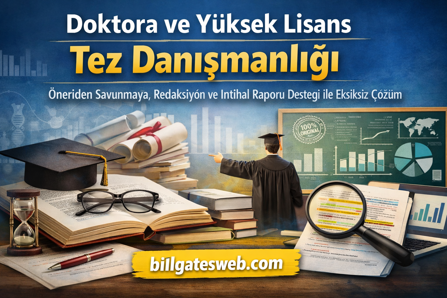 Turkish banner advertising PhD and master's thesis consulting, with graduation cap, stacks of books, charts, and the site billgatesweb.com.