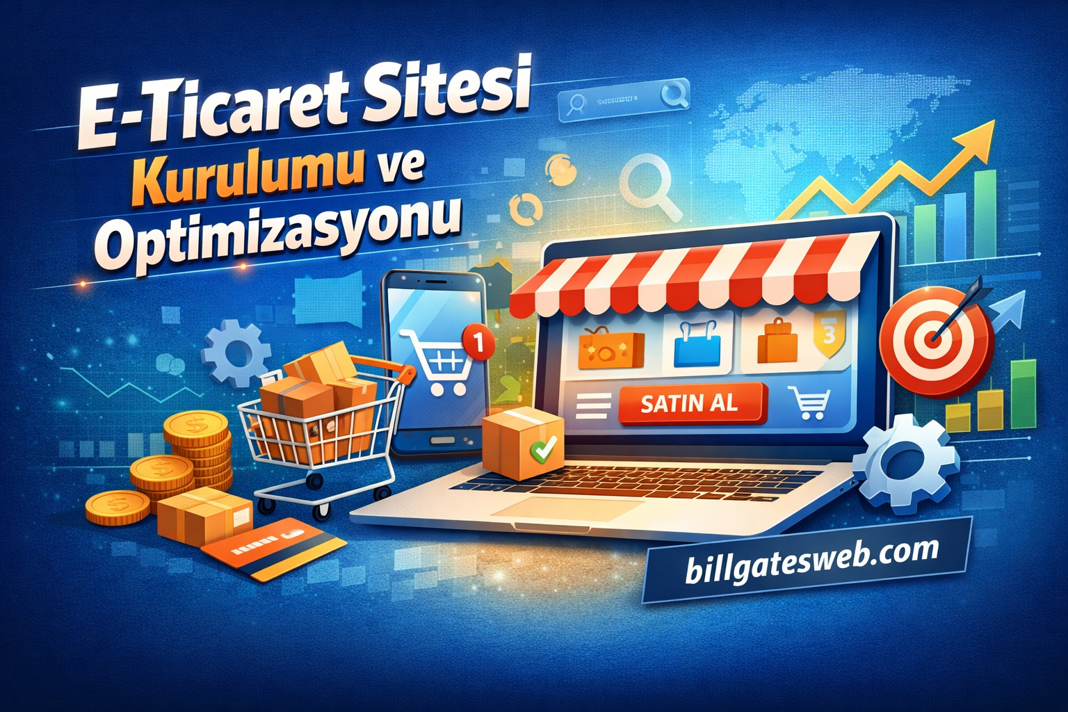 E-ticaret sitesi kurulumu ve optimizasyonunu gösteren renkli grafik: laptop, alışveriş sepeti ve SATIN AL düğmesiyle