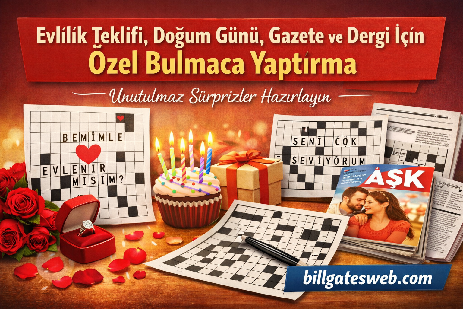 Turkish ad promoting special matchmaking for engagements, birthdays, and magazines with crossword puzzles and gifts