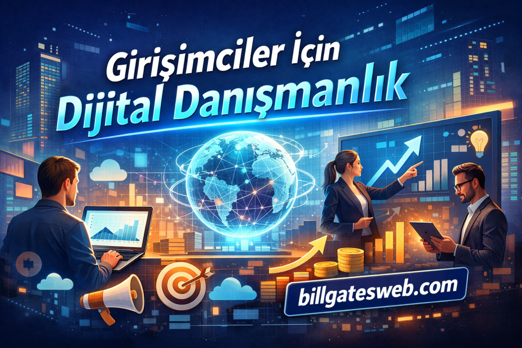 Turkish corporate scene: professionals discuss digital consulting for entrepreneurs with a glowing globe and rising charts.