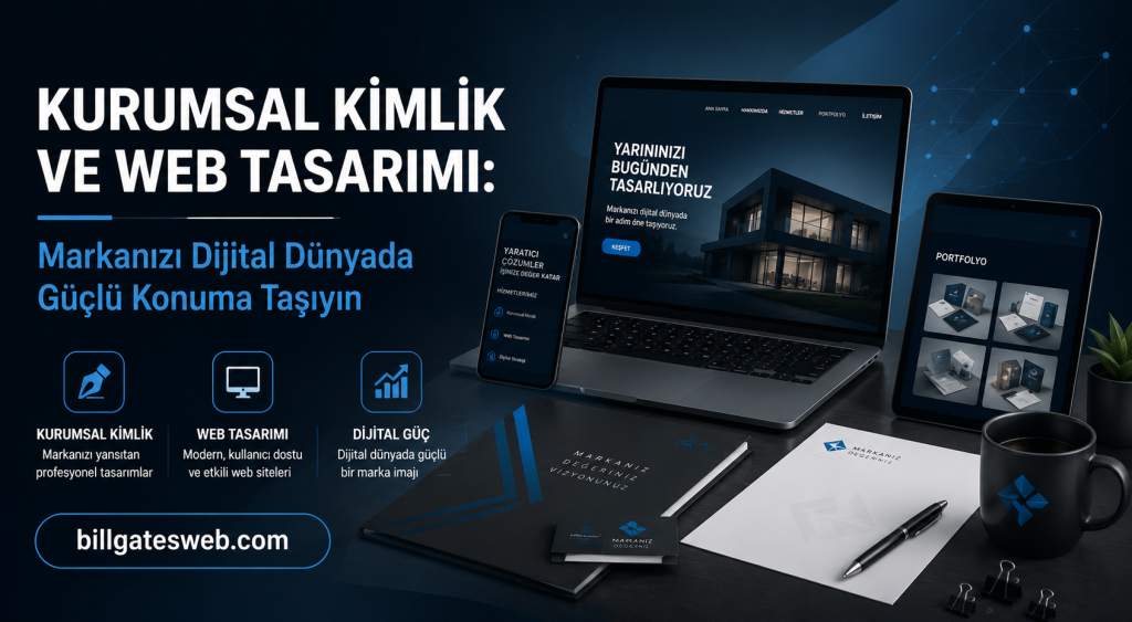 Kurumsal kimlik ve web tasarımı odaklı Türkçe bir reklam afişi: laptop, tablet ve telefonlarda tasarımlar ve iletişim bilgileriyle.