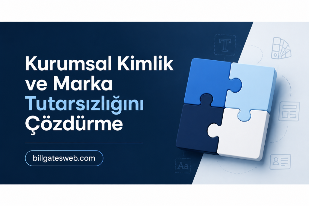 Dark blue gradient hero with Turkish headline about solving brand inconsistency and blue puzzle pieces; billgatesweb.com