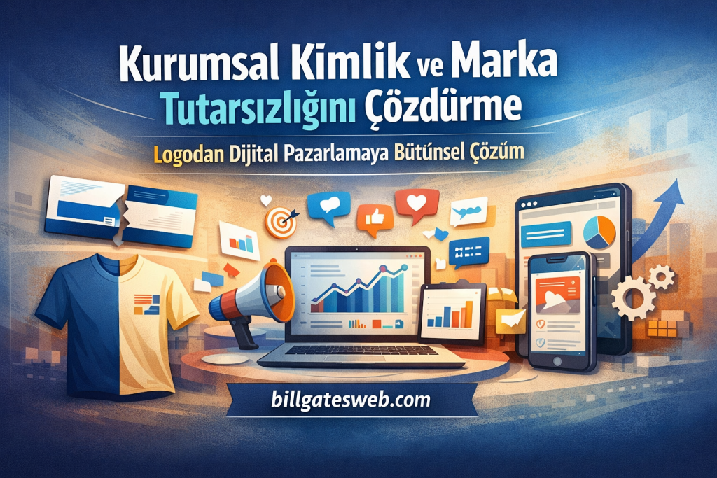 Colorful digital marketing illustration with a laptop, tablet, phone, megaphone, charts, and the Turkish title 'Kurumsal Kimlik ve Marka Tutarsızlığını Çözdürme' and 'billgatesweb.com'.