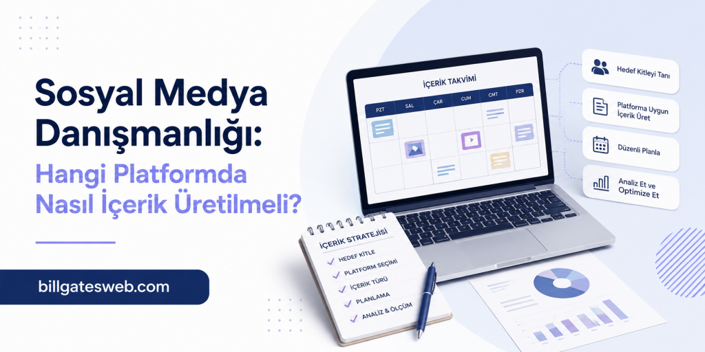 Turkish promotional banner advertising social media consulting, showing a laptop with a content calendar, a checklist notebook, charts, and the text “Sosyal Medya Danışmanlığı: Hangi Platformda Nasıl İçerik Üretilmeli?” with billgatesweb.com.