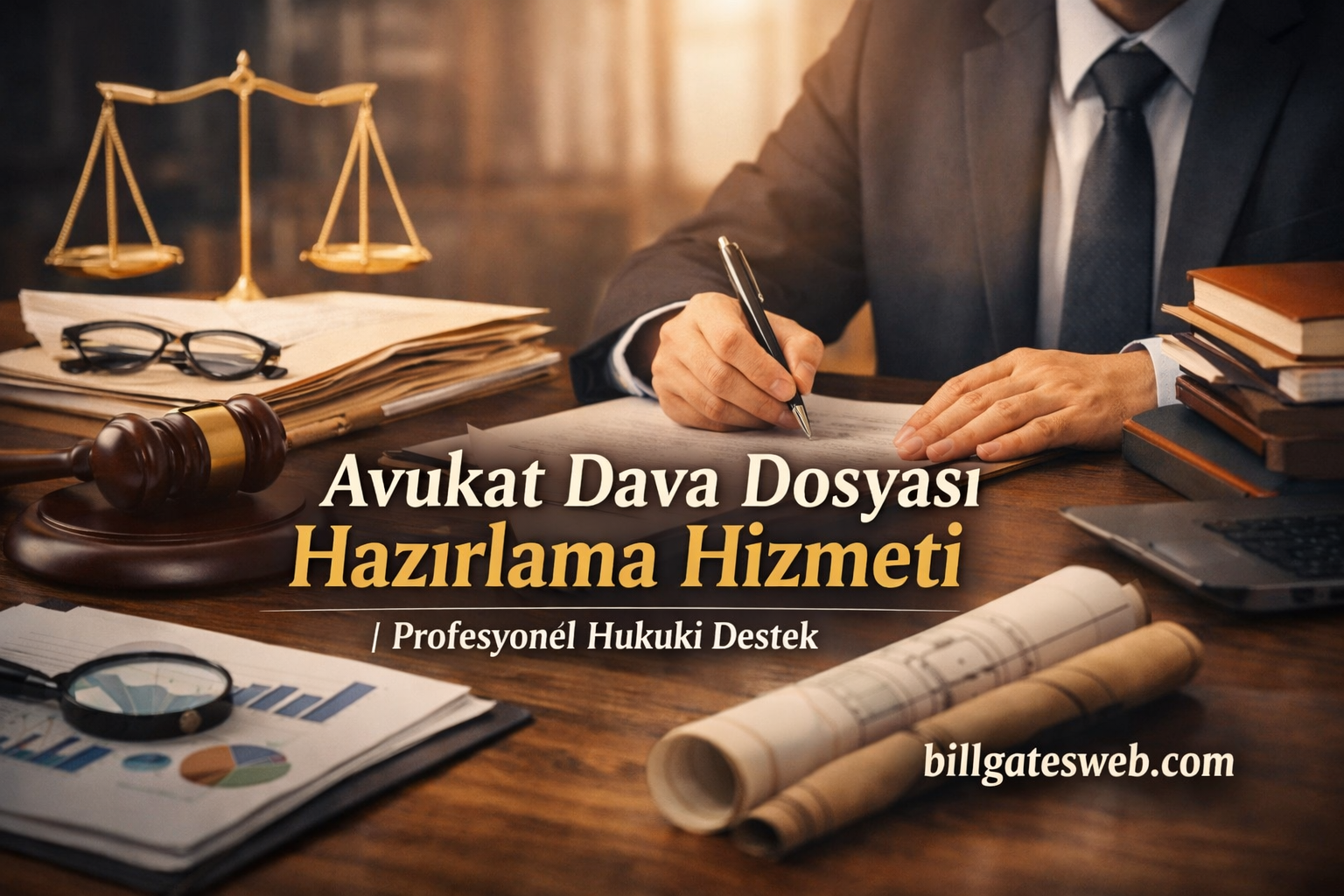 Legal service ad: A lawyer signs documents at a desk with scales of justice, gavel, and stacks of files, advertising case file preparation service.