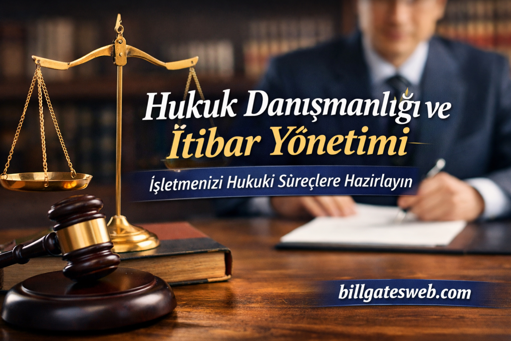 Hukuk danışmanlığı ve itibar yönetimiyle ilgili reklam afişi: altın teraziler ve figüratif adalet simgeleri masanın üzerinde, arka planda avukat görüntüsüyle mesajı vurgulayan metinler.