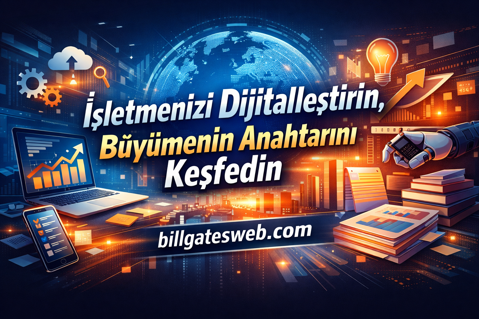 Turkish banner advertising digital transformation: 'İşletmenizi Dijitalleştirin, Büyümenin Anahtarını Keşfedin' with globe, devices, and charts; billgatesweb.com