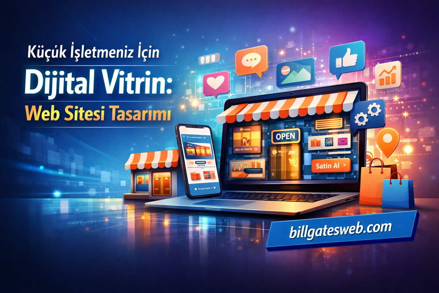 Bright digital storefront illustration for small-business web design, featuring a laptop, devices, and a banner with billgatesweb.com .