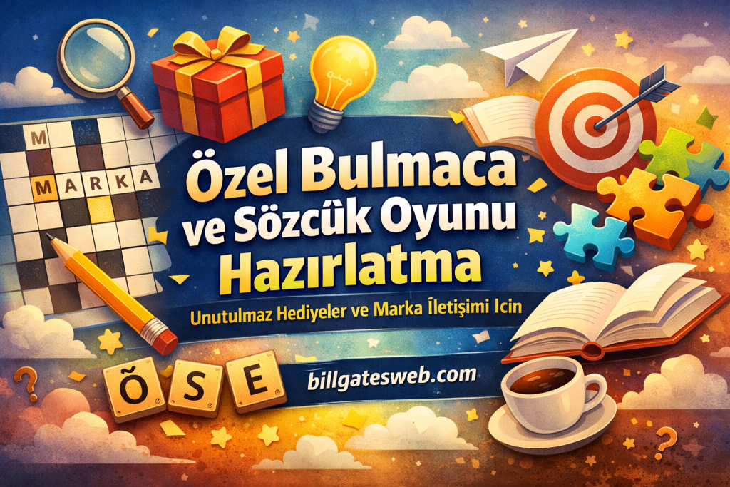 Renkli afiş: Özel Bulmaca ve Sözcük Oyunu Hazırlatma başlığı; hediye kutusu, kitap ve kahveyi gösteren eğlenceli tasarım.