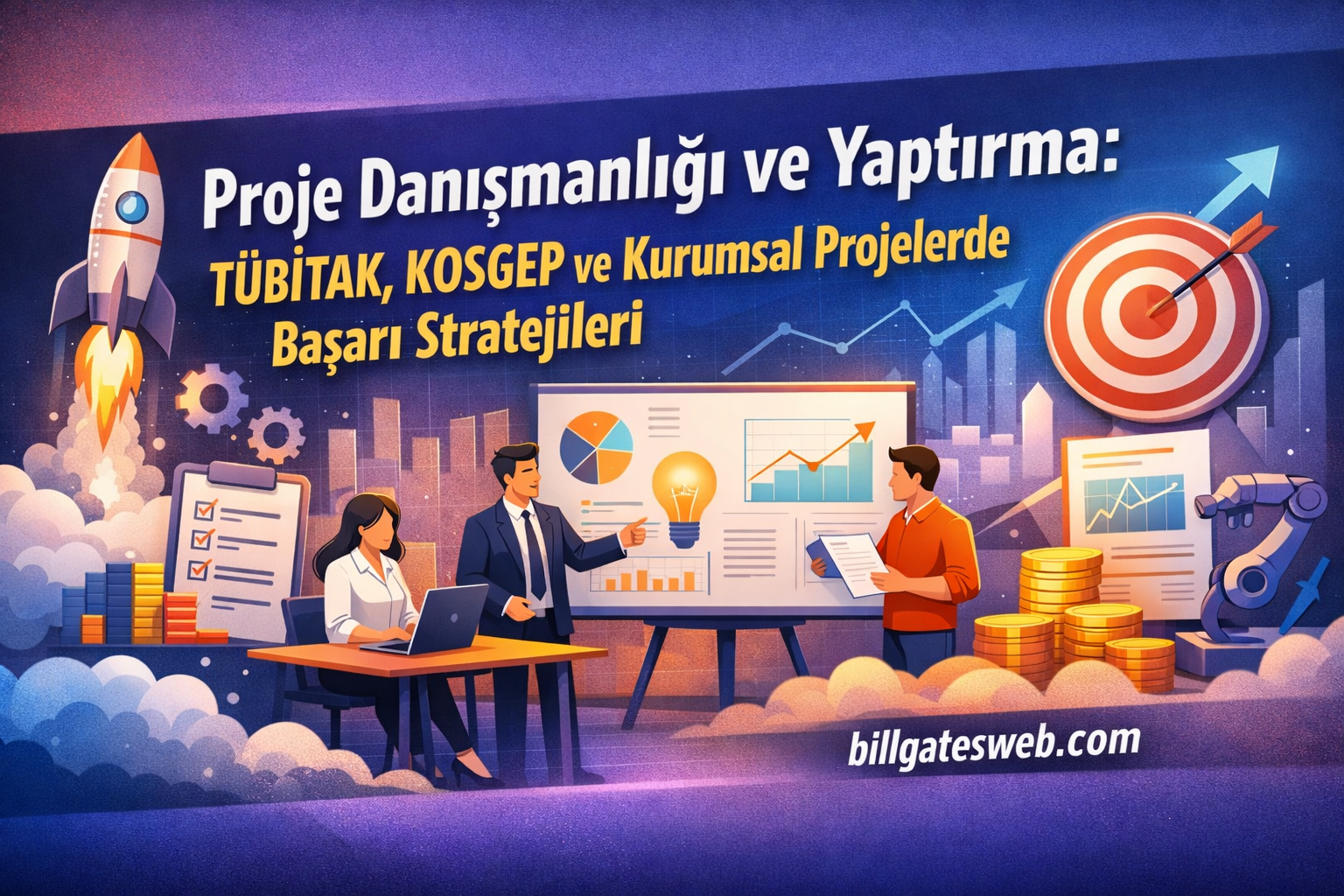 Turkish banner about project consulting and success strategies, showing a rocket, target, charts, and professionals presenting data.