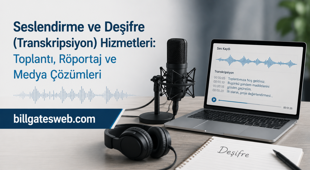 Promotional banner for transcription services with a microphone, laptop showing transcript, headset, and a billgatesweb.com banner on a desk.