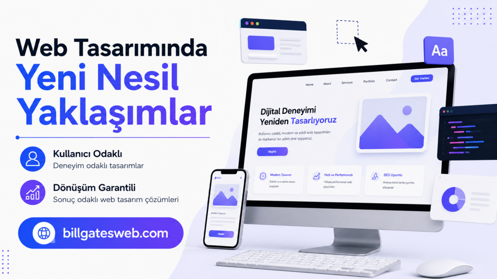 Hero banner promoting modern web design in Turkish, featuring a large left-aligned headline and device mockups on the right with a blue CTA.