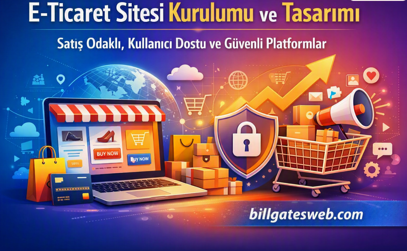 Colorful e‑commerce illustration with a laptop storefront, shopping cart, shield, and globe, promoting secure online store setup.
