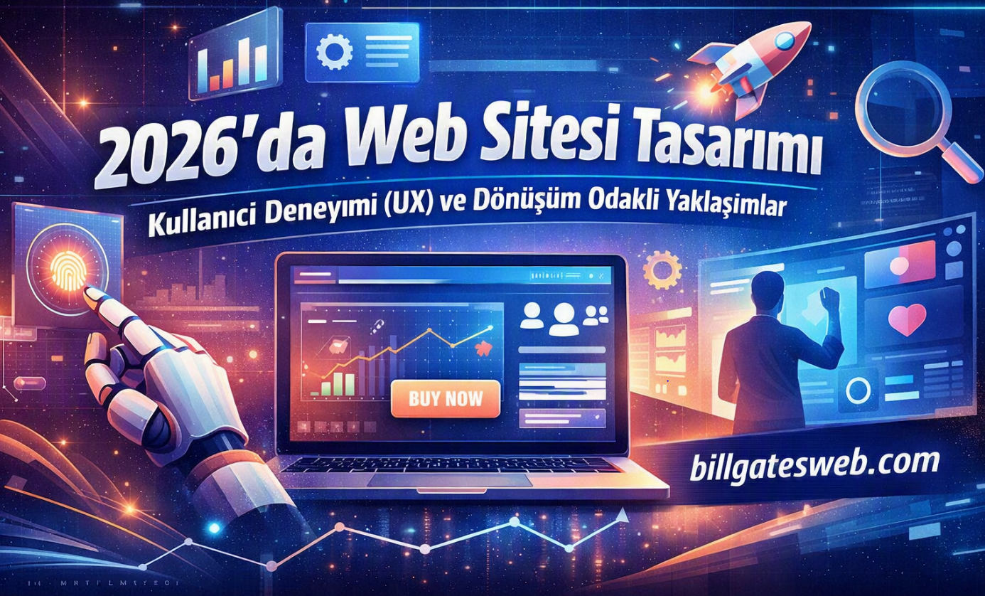 Turkish banner advertising '2026'da Web Sitesi Tasarımı' with UX-focused approaches and futuristic UI elements, including a laptop, robotic hand, and rocket.