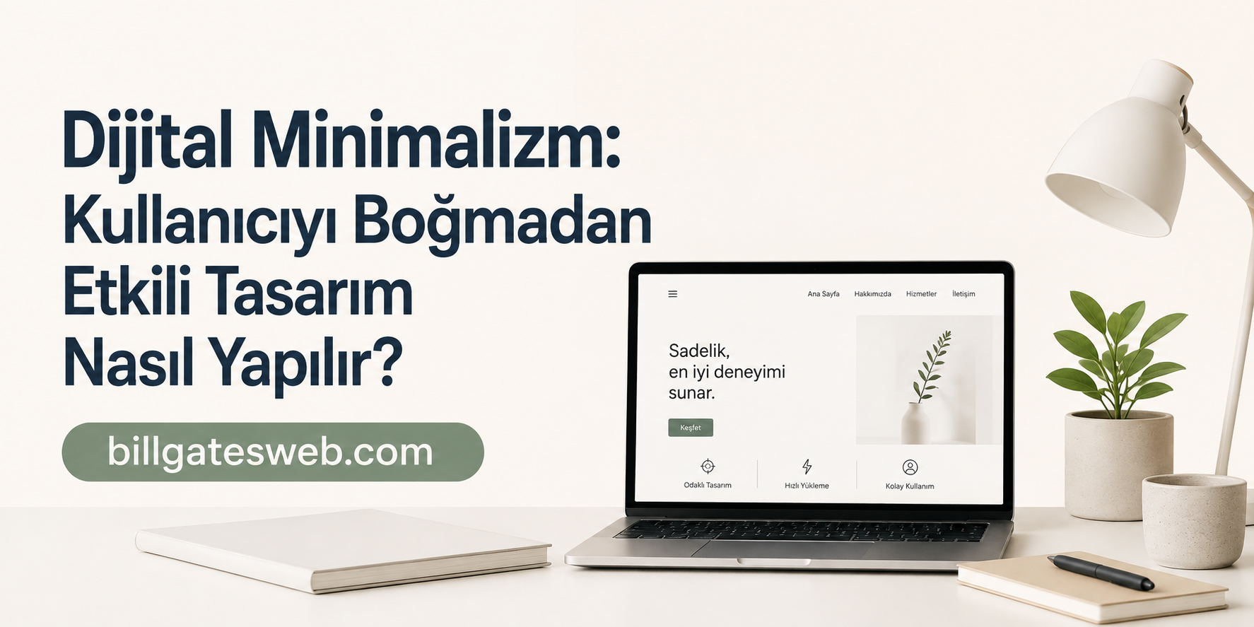 Turkish hero banner about digital minimalism and user-friendly design, showing a laptop on a desk with a plant and a rounded 'billgatesweb.com' button.