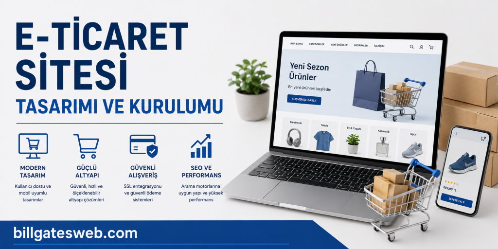 Promotional banner for a Turkish e‑commerce site design and setup, showing a laptop screen with an online store, a smartphone, and shopping icons.