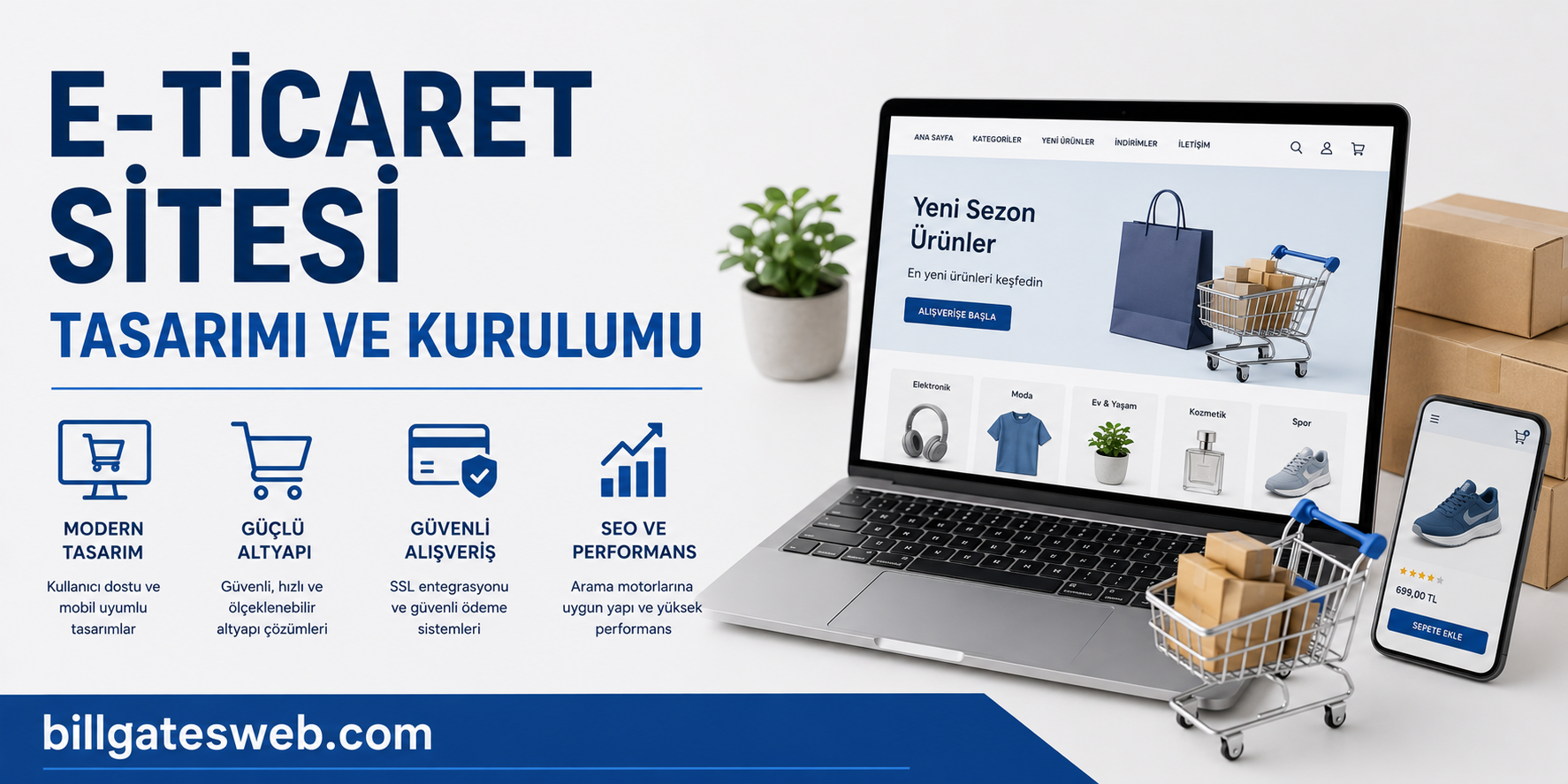 Promotional banner for a Turkish e‑commerce site design and setup, showing a laptop screen with an online store, a smartphone, and shopping icons.