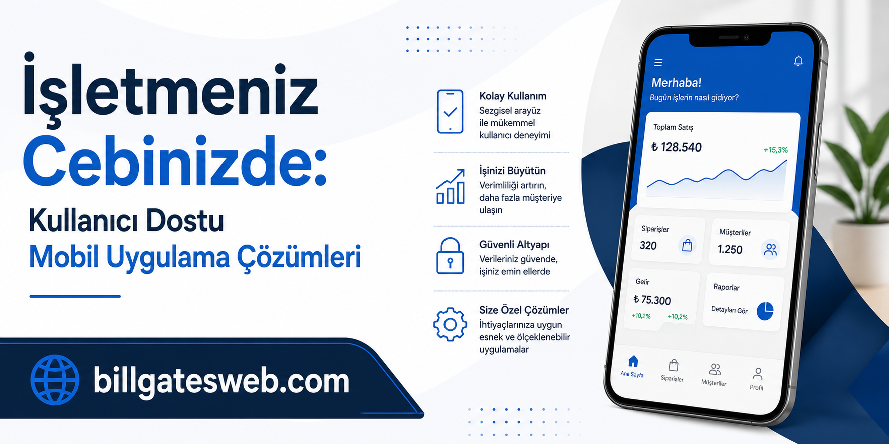 Reklam afişi: 'İşletmeniz Cebinizde' yazılı büyük Türkçe başlıklar ve sağda yönetim panelli mobil uygulama içeren görseli.